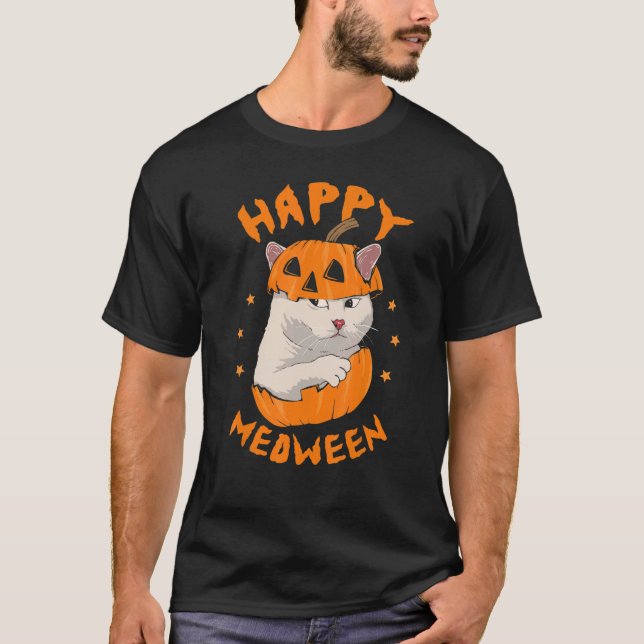 Camiseta Feliz Meia-Entre Feliz Halloween Cat (Frente)