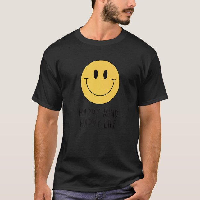 Camiseta Feliz Mente Feliz Vida Amarelo Sorriso Motivação (Frente)