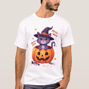 Camiseta Feliz Meow-a-ween - Bruxa de Gato Fofa Abóbora - O