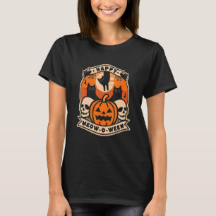 Camiseta Feliz Meow-O-Ween Caveira de Gato Gato Preto Mãe H