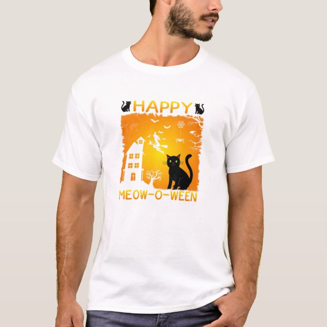 Camiseta Feliz Meow-O-Ween - Gatos Pretos, Casa Assombrada (Frente)