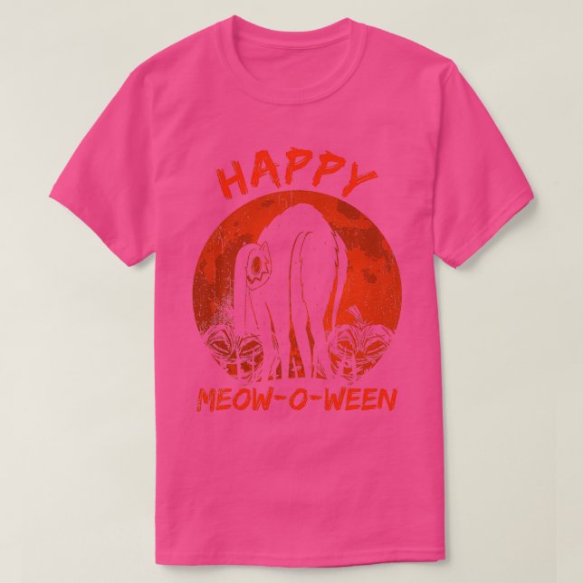 Camiseta Feliz Meowbetween Halloween Cat Trick Ou Treine Ga (Frente do Design)