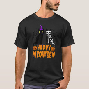 Camiseta Feliz Meoween Bruxas Gatos Esqueleto Gatos Hallowe