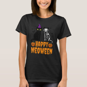Camiseta Feliz Meoween Bruxas Gatos Gatos Esqueleto Hallowe