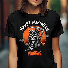 Camiseta Feliz Meoween Espetador da Foice Gato Halloween