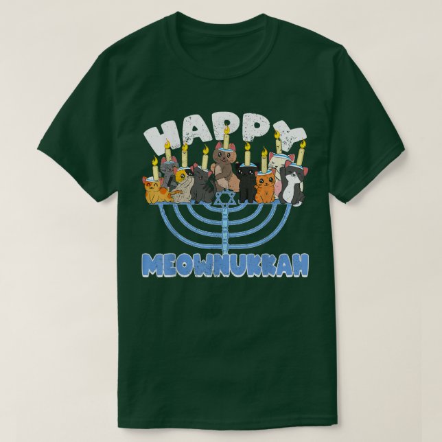 Camiseta Feliz Meownukkah Cats em Menorah para Hanukkah Cha (Frente do Design)