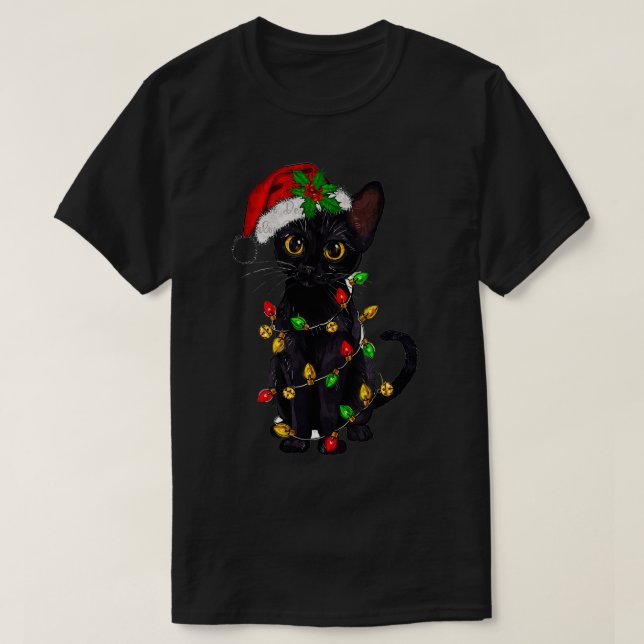 Camiseta Feliz meowy Catmas Natal Negro Pão de Natal Chris (Frente do Design)