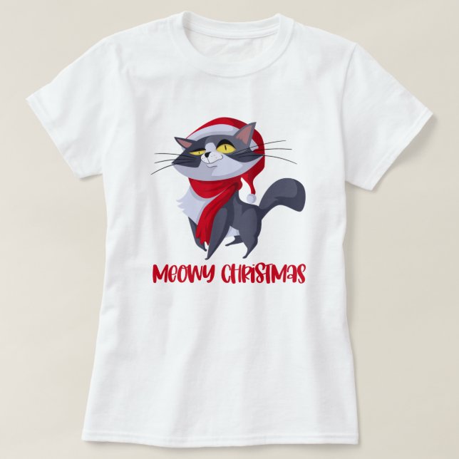 Camiseta Feliz Meowy Christmas Cat T-Shirt (Frente do Design)