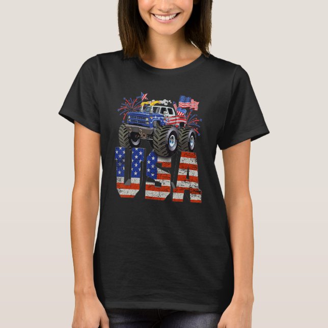 Camiseta Feliz Monstro Caminhão Americano Flag Vintage Retr (Frente)