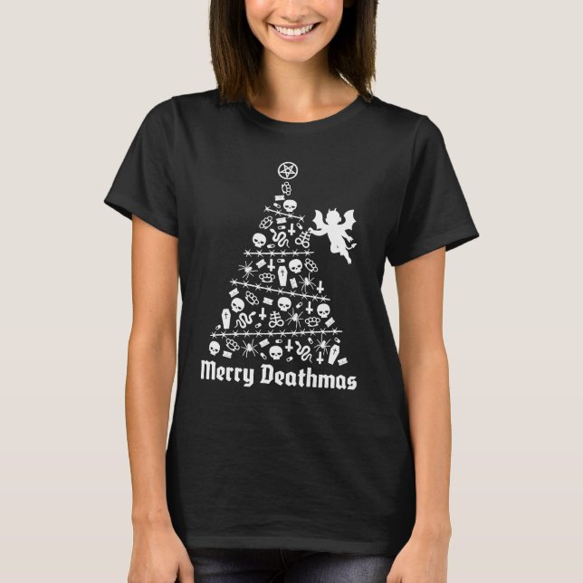 Camiseta Feliz Morte Natal Negro Árvore de Natal Satânica E (Frente)