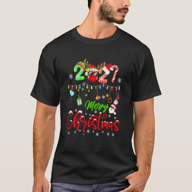 Camiseta Feliz Natal 2021 Papais noeis Elf Reindeer Em Mask (Frente)