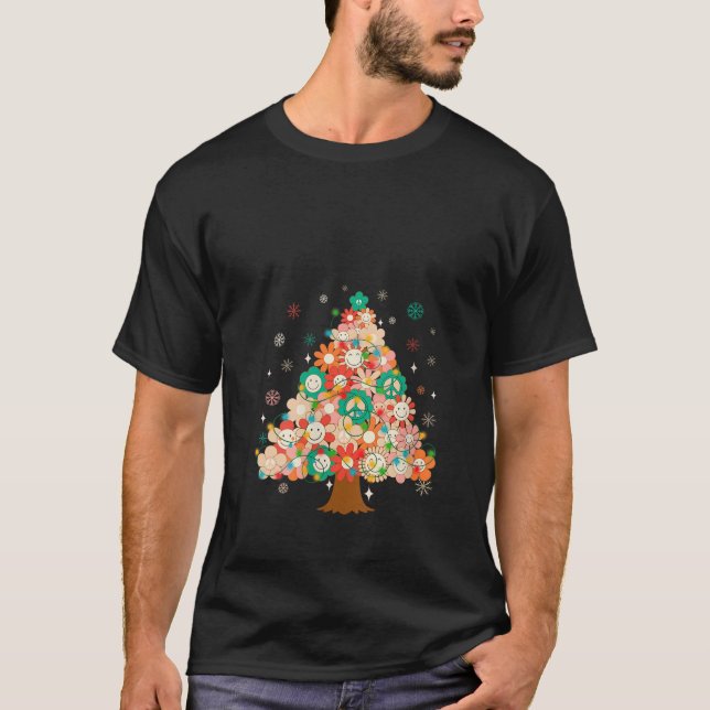 Camiseta Feliz Natal 2023 Retro Groovy Árvore de Natal L (Frente)