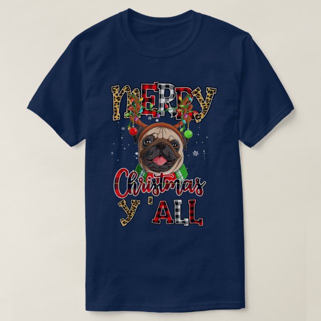 Camiseta Feliz Natal A Todos Vocês Pugmas Leopard Reindee (Frente do Design)