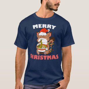 Camiseta Feliz Natal Anime Kawaii Cat Ramen Xmas Lights