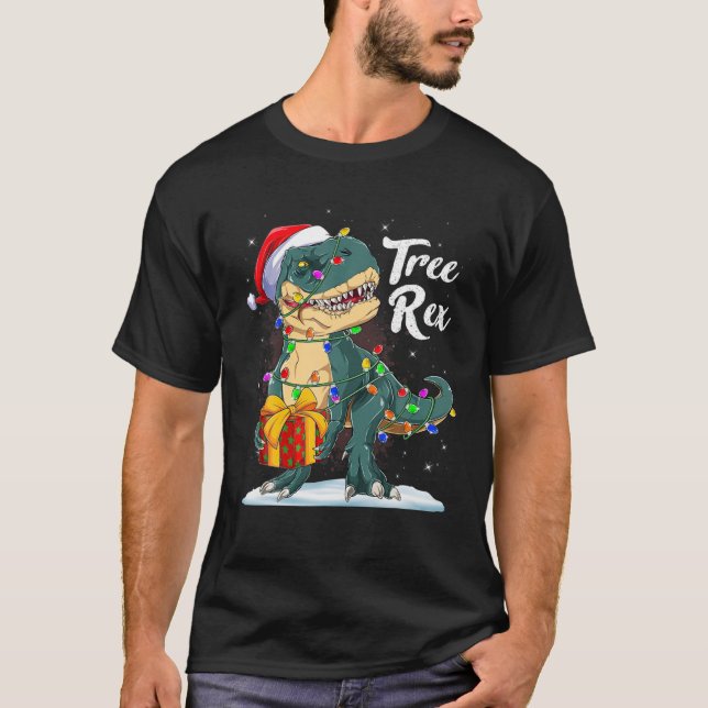Camiseta Feliz Natal Árvore de Dinossauro Rex Pajamas Xmas  (Frente)
