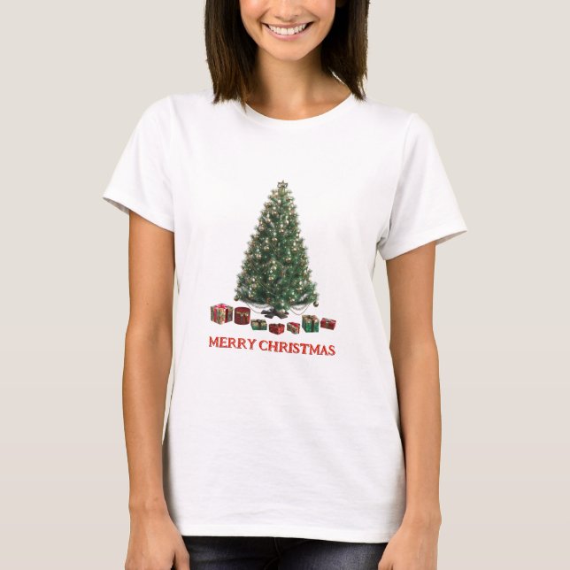 Camiseta Feliz Natal. Árvore (design 1) com presentes (Frente)