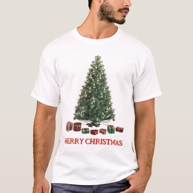 Camiseta Feliz Natal. Árvore (design 1) com presentes (Frente)