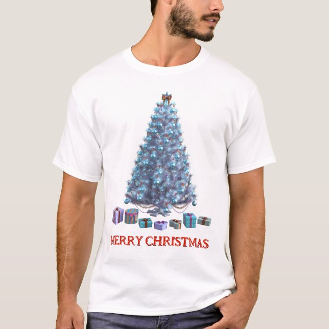 Camiseta Feliz Natal. Árvore (design 2) com presentes (Frente)