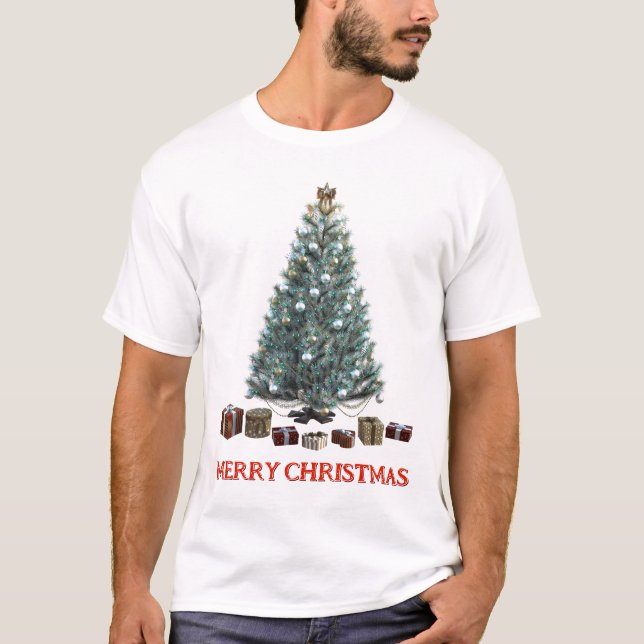 Camiseta Feliz Natal. Árvore (design 3) com presentes (Frente)