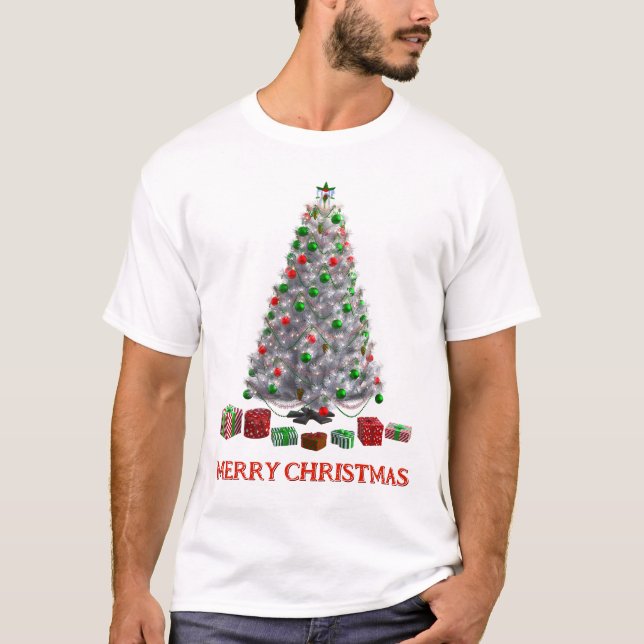 Camiseta Feliz Natal. Árvore (design 6) com presentes (Frente)