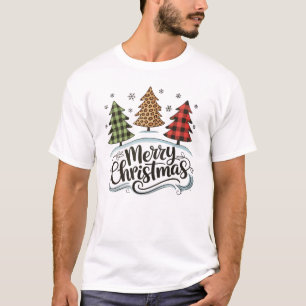 Camiseta Feliz Natal Árvore Leopardo Vermelho Xadrez Búfalo