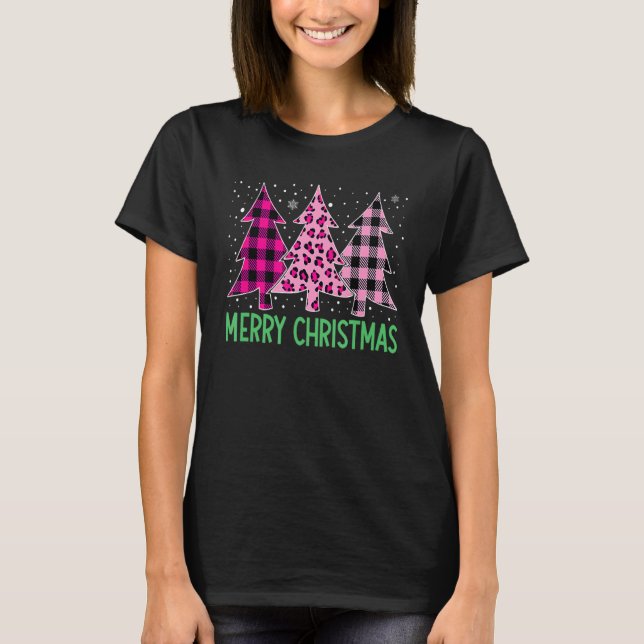 Camiseta Feliz Natal Árvore Rosa Xadrez De Buffalo E Leopar (Frente)