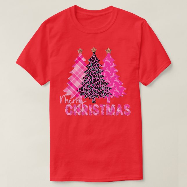 Camiseta Feliz Natal Árvore Rosa Xadrez de Buffalo e Leopar (Frente do Design)