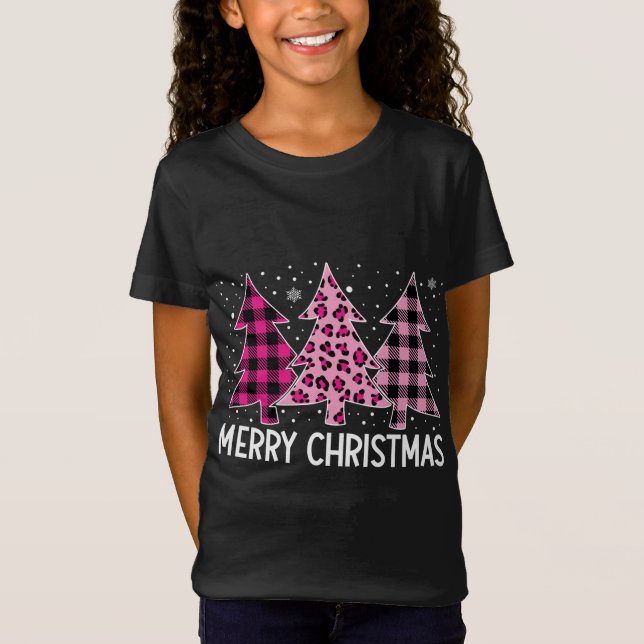 Camiseta Feliz Natal Árvore Rosa Xadrez de Buffalo e Leopar (Frente)