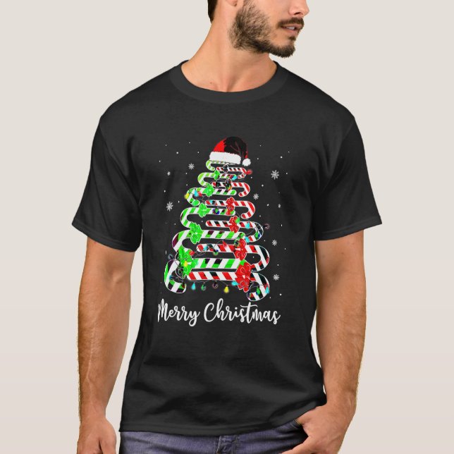 Camiseta Feliz Natal Árvore Santa Hat Cane Girls Wo (Frente)