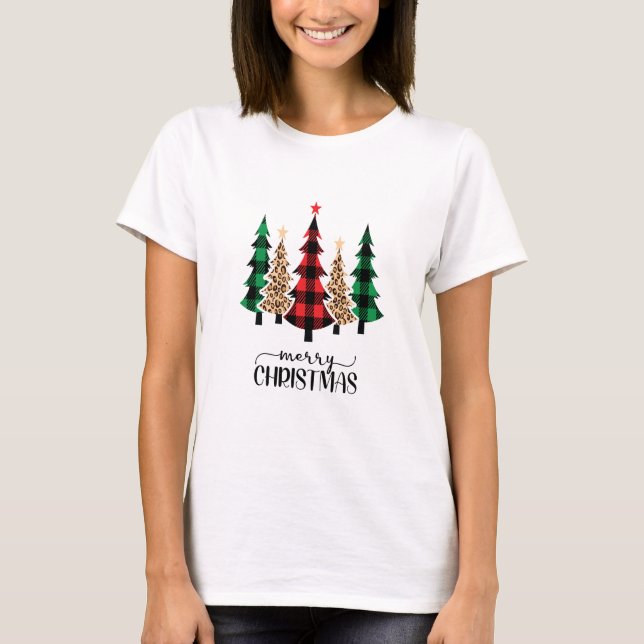 Camiseta Feliz Natal Árvores Xadrez Vermelho Verde (Frente)