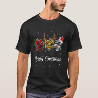 Camiseta Feliz Natal Autismo Quebra-cabeça Leopard Santa Ha