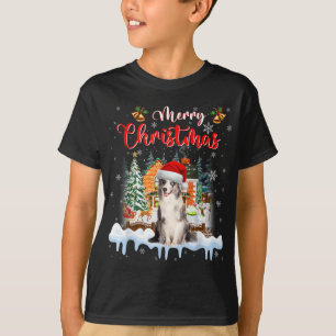 Camiseta Feliz Natal Azul Merle Collie Dog Santa Hat Li