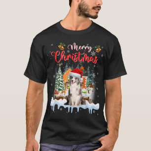 Camiseta Feliz Natal Azul Merle Collie Dog Santa Hat Li