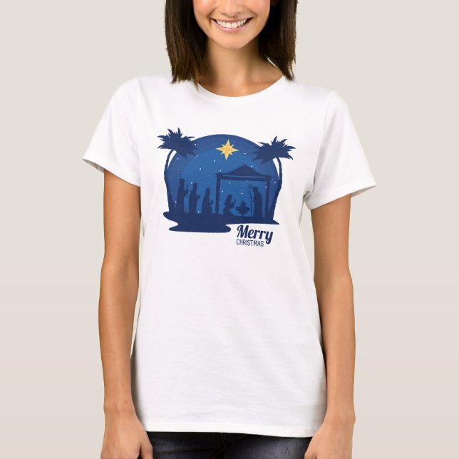 Camiseta Feliz Natal Azul Natividade (Frente)