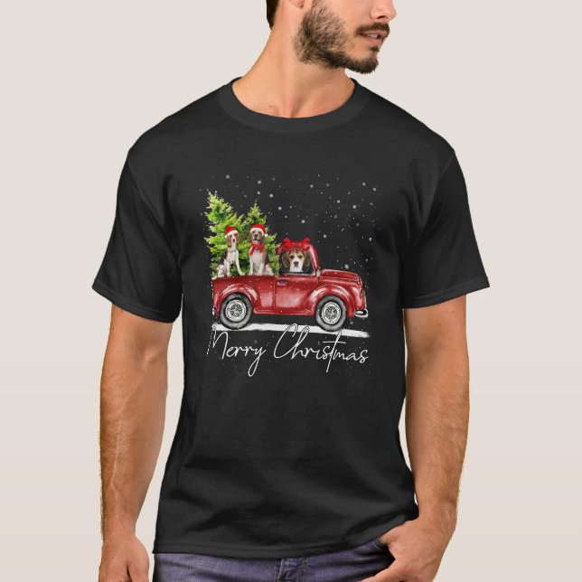 Camiseta Feliz Natal Beagle Papais noeis Red Truck Xmas Lig (Frente)