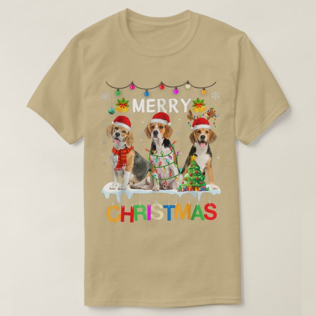 Camiseta Feliz Natal Beagle Santa Hat Luzes de Natal Engraç (Frente do Design)