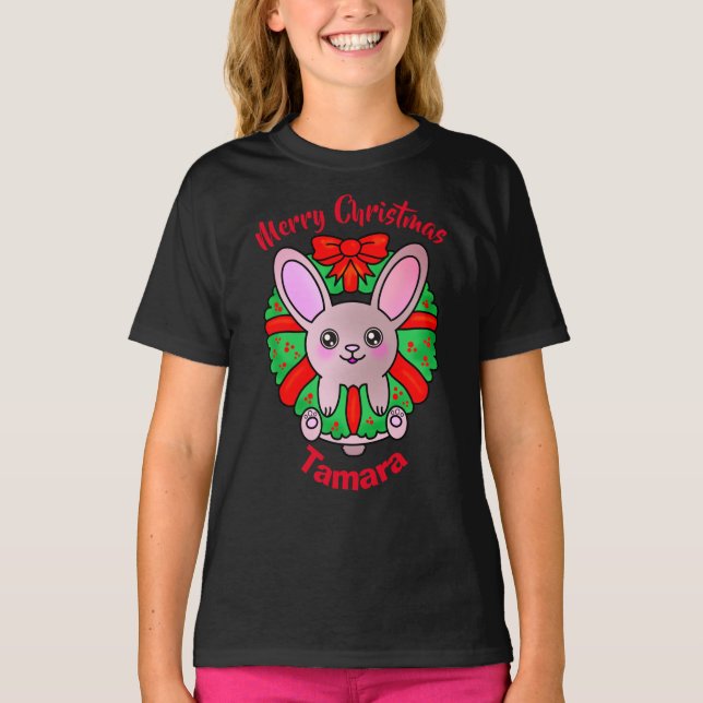 Camiseta Feliz Natal Bebê Coelhinho Adorável em Wreath (Frente)
