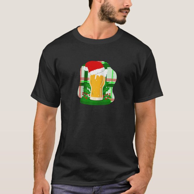 Camiseta Feliz Natal Beer Papai Noel Holly Xadrez Engraçado (Frente)