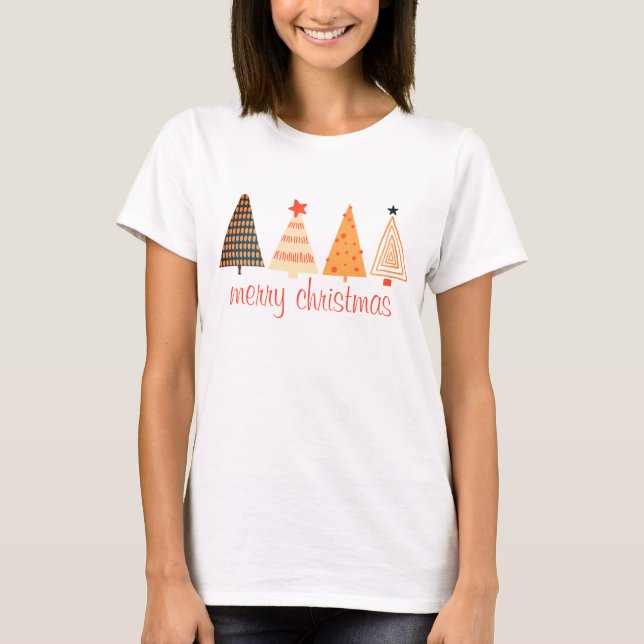 Camiseta Feliz Natal Boho Laranja Árvores Brancas (Frente)
