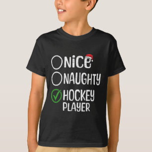 Camiseta Feliz Natal Bom Malvado Jogador de Hóquei Lista de