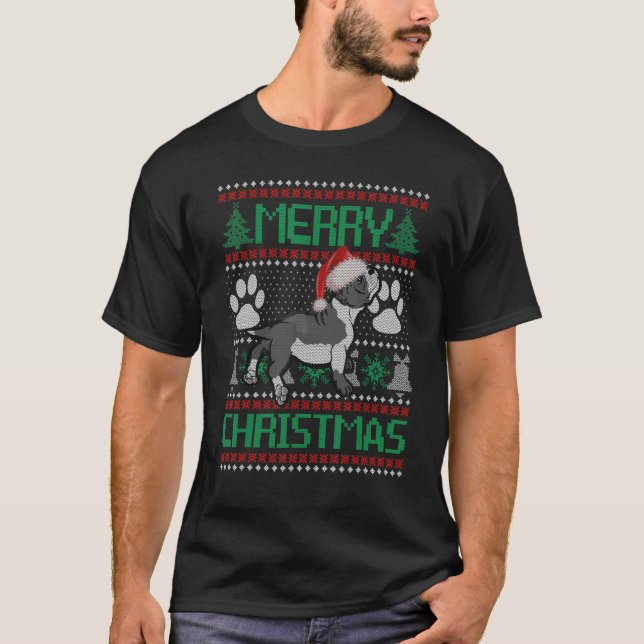 Camiseta Feliz Natal Boston Terrier UGLY Xmas Pajama D (Frente)