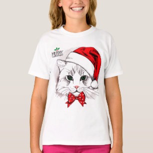 Camiseta Feliz Natal branco bonito do gato