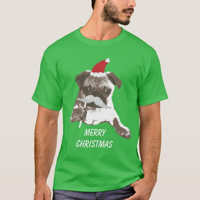 Camiseta Feliz Natal branco do Pug do papai noel do bigode (Frente)