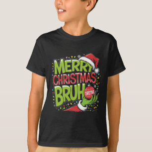 Camiseta Feliz Natal Bruh Green Hand Santa Hat Fam