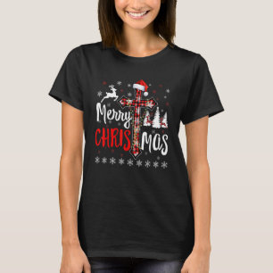 Camiseta Feliz Natal Buffalo Red Xadrez Cross Christian