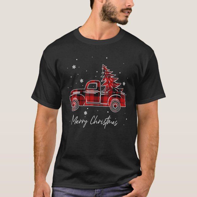 Camiseta Feliz Natal Buffalo Truck Árvore Xadrez Vermelho P (Frente)