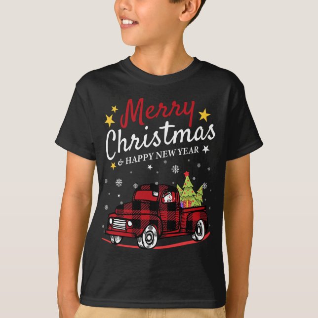 Camiseta Feliz Natal Buffalo Truck Snowman Tree Red Pla (Frente)