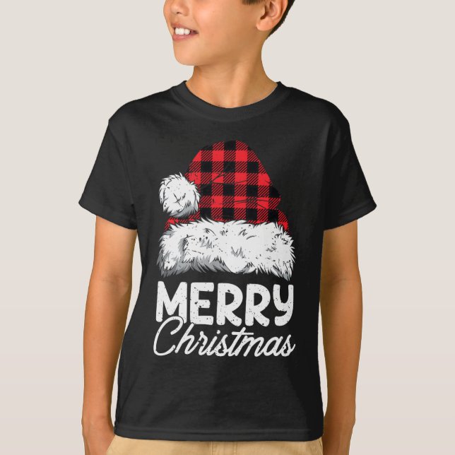 Camiseta Feliz Natal Buffalo Xadrez Red Santa Hat Xmas P (Frente)