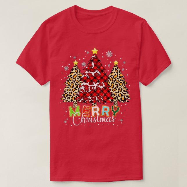 Camiseta Feliz Natal Buffalo Xadrez Vermelha Leopardo Verme (Frente do Design)