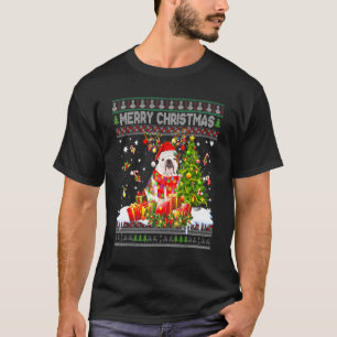Camiseta Feliz Natal Bulldog Papais noeis Xmas Tree Lights 
